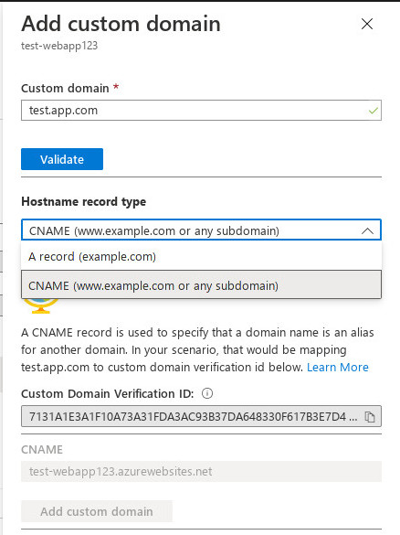 Add a custom domain for Azure app service